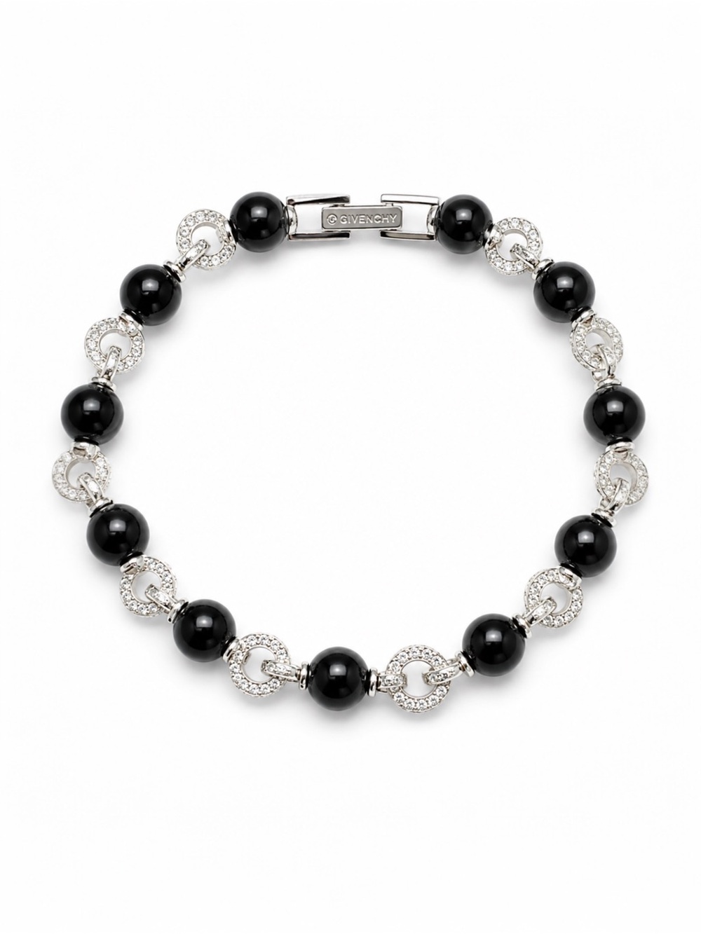 Givenchy Black Beaded & Silver Tone Crystal Link Bracelet